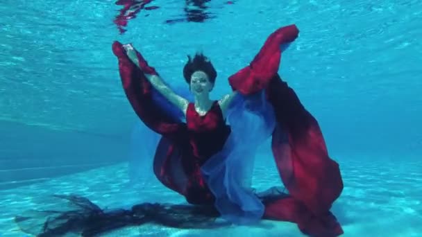 Happy Girl Bride Red Dress Dives Water Bottom Pool Red — Stock Video