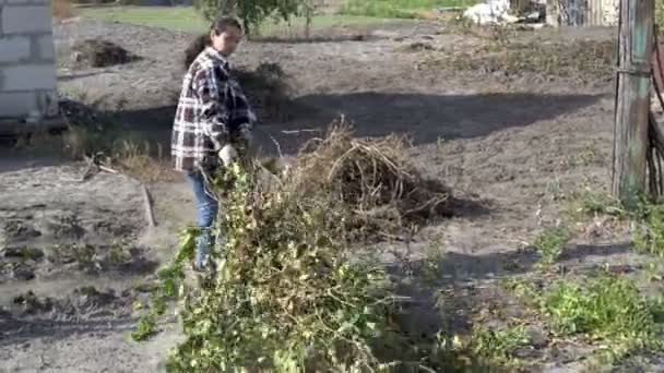 Mujer Agricultora Cuidando Jardín Recoge Viejas Ramas Secas Hojas Jardín — Vídeo de stock