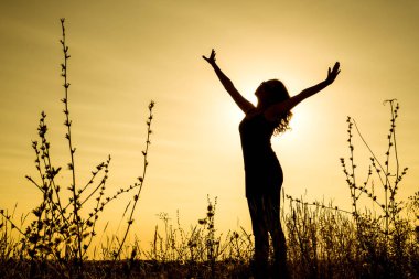 A beautiful Oriental girl stands with open arms against the background of a yellow sunset in a field among the plants. Horizontal orientation of the image. clipart