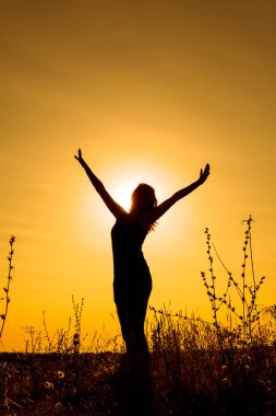 Genç kadın ayakta açık şark bitkiler arasında dağın tepesinde gündoğumu altında kollarını. Siluet. Dikey görünüm.