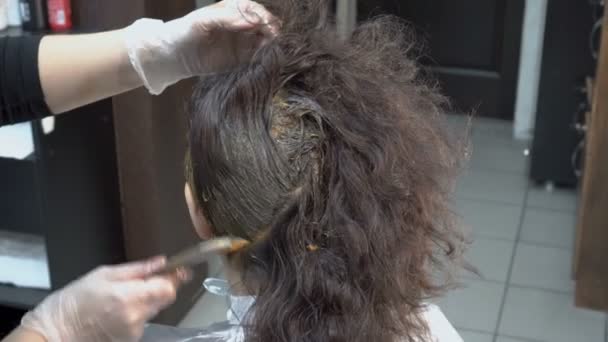 Die Friseurin Bemalt Die Haare Des Mädchens Friseurladen Und Trägt — Stockvideo