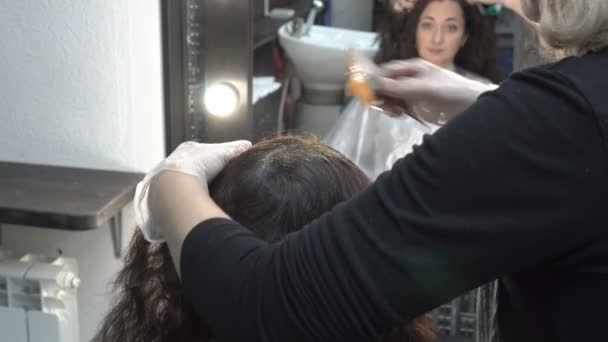 女の子は、理髪店で鏡の前に座って、美容師は彼女の髪に塗料を置きます。ヘアケア。閉じる。背面図。4k 25 fps. — ストック動画