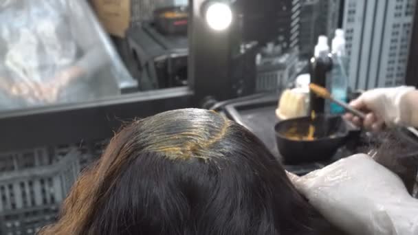 Barber pone pintura en el cabello de una chica en un salón de belleza. Cuidado del cabello. De cerca. La vista desde la parte trasera superior. 4k. 25 fps . — Vídeos de Stock