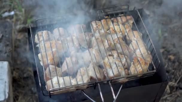 A barbecue in the open air, juicy meat on the grill. Close up. The view from the top. 4k. 25 fps. — Stock Video