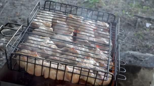 Sprzęt do grillowania na świeżym powietrzu. Człowiek okazuje grill z soczyste mięso na węgle. Z bliska. Widok z góry. 4 k. 25 fps. — Wideo stockowe