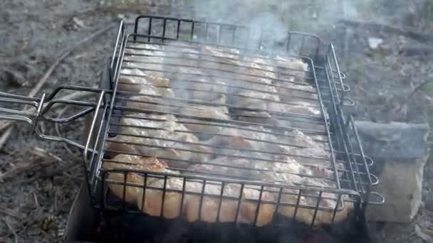 Zamknij - up kawałków soczyste mięso, gotowane na węglach na grillu. Sprzęt do grillowania na świeżym powietrzu. Widok z góry. 4 k. 25 fps. — Wideo stockowe