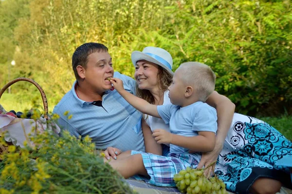 Gros plan, petit garçon donnant des raisins à papa assis sur l'herbe dans le parc au coucher du soleil. Mère s'assoit près et rit. Pique-nique en famille à l'extérieur. Portrait — Photo