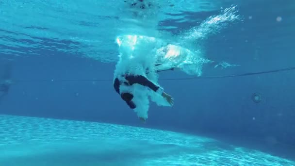 Un uomo in giacca e cravatta salta in piscina, cade sott'acqua e galleggia in superficie in una nuvola di bolle. Al rallentatore. Fotografia subacquea. 4K. 25 fps — Video Stock