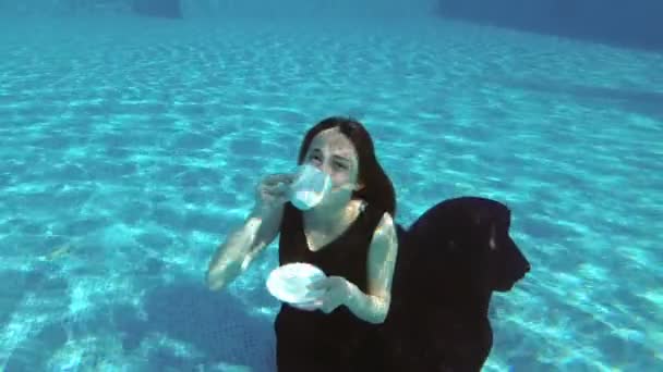 Une jeune fille assise sous l'eau au fond de la piscine en robe bourguignonne, buvant dans une tasse blanche, regardant la caméra et souriant. Concept. Au ralenti. La vue du haut. 4K. 25 ips — Video