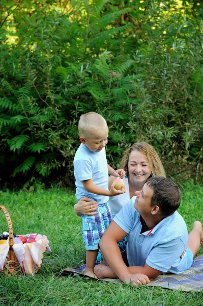 A child treats his father with an Apple. Dad and mom are lying on the grass in the Park at sunset. Family picnic in nature. Portrait. Vertical view — Stock Photo, Image