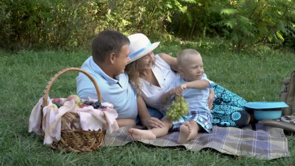 Un niño sonriente está alimentando a su madre con uvas, sentado en la hierba en el verano al atardecer cerca de una cesta de frutas y un ramo de flores silvestres amarillas. Familia en un picnic en la naturaleza. 4K — Vídeos de Stock