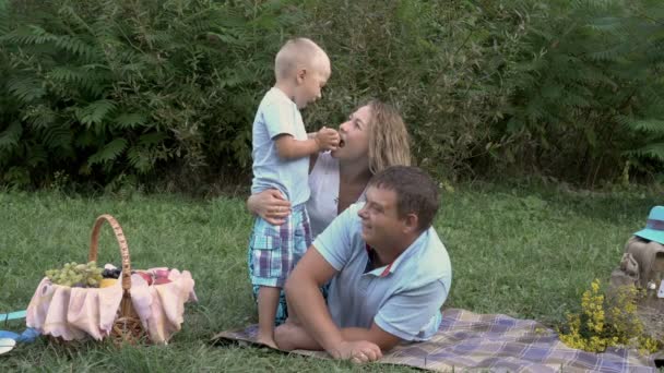 Malý chlapec krmí mámu jablkem a hraje venku. Táta a máma leží na trávě v parku při západu slunce. Rodinný piknik v přírodě. Portrét. 4k — Stock video
