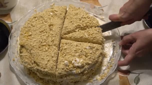 Une femme coupe un gâteau au miel en morceaux avec un gros couteau pendant les vacances. Ferme là. La vue du haut. 4K — Video