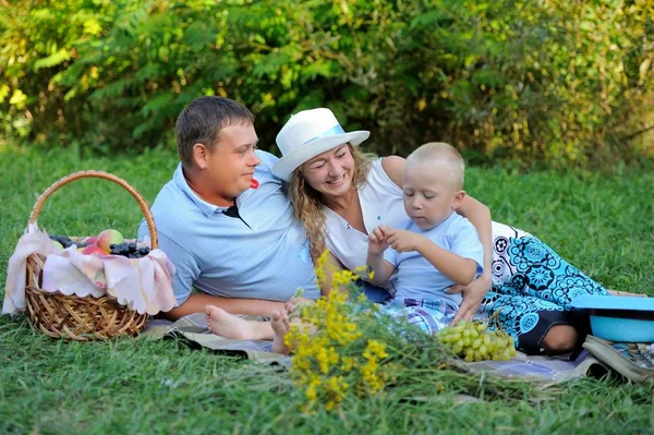 Güneşli bir yaz gününde parkta aile pikniği. Anne, baba ve küçük bir çocuk. Meyve yiyen çocuk. Ebeveynler eğleniyor. Doğada aile pikniği. Portre. Yatay görünüm — Stok fotoğraf
