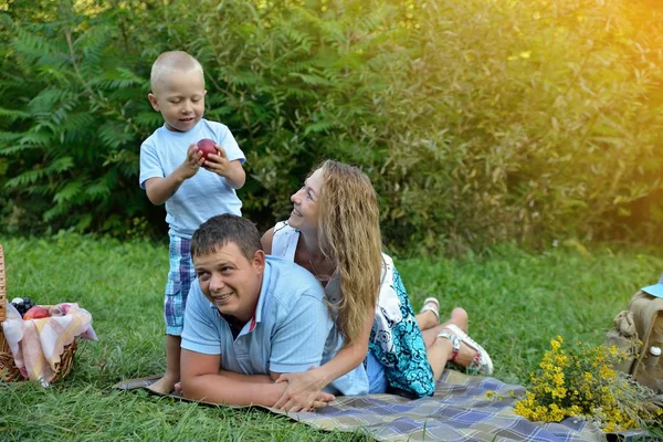 Família feliz. Um menino está perto de seus pais, que se deitam na grama no Parque em um dia ensolarado de verão perto de um cesto de frutas e flores. Um piquenique familiar na natureza. Retrato. Vista vertical — Fotografia de Stock