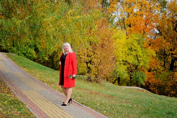 Atrakcyjna blondynka w czerwonym płaszczu i szkarłatna Róża w ręku stwarza na ścieżce w parku w słoneczny jesienny dzień. Dreaming i patrząc z dala. Rozmiar kobiety Plus XXL. Widok poziomy — Zdjęcie stockowe