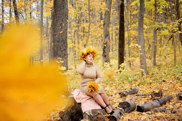 아름다운 소녀, 가을 단풍에 중년 금발, 그녀의 머리에 화환, 부드러운 점퍼에 가을 숲의 그루터기에 앉아. 크기 플러스 xxl 여성. 가로 보기 — 스톡 사진