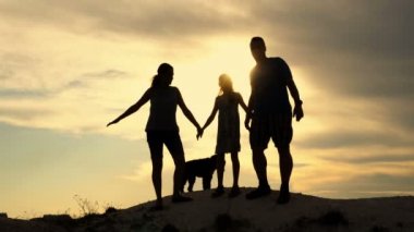 Aile: baba, anne, küçük kız ve tepenin tepesinde dramatik gökyüzüne karşı onların köpek. El ele tutuşurlar, kaldırırlar, eğlenirler. Siluet. 4k
