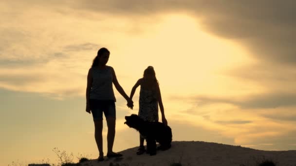 A silhueta de uma menina e uma jovem brincando com um cachorro contra o céu dramático no topo da colina. Eles acariciam o cão, riem e sorriem. 4K . — Vídeo de Stock