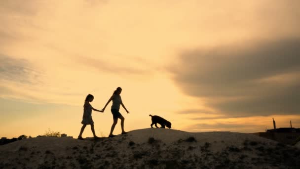 La bambina è sua madre, il loro cane sta camminando lungo la collina contro il drammatico cielo in cima alla collina. Loro salutano. 4K — Video Stock