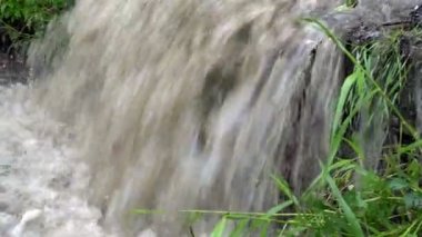 Yağmurdan sonra çamurlu su akışı yükseklikten düşer ve nehirde akar. Küçük bir şelale. Kapat şunu. 4k.