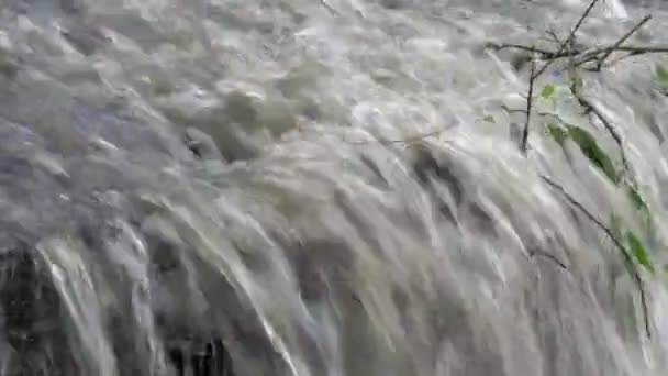 Nahaufnahme eines trüben, blubbernden Wasserstroms, der die Äste durchbricht und herunterfällt. kleiner Wasserfall. Nahaufnahme. 4k. — Stockvideo