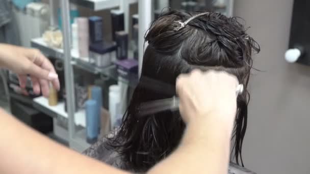 Mistr kadeřník střihne nůžky tmavou vlaskou v kadeřnictví krásy. Oprášil si vlasy a stříká ji. Close-up. 4k. — Stock video