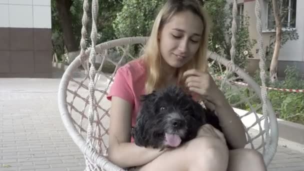 Primo piano di una giovane ragazza che si siede su un'altalena e tiene in grembo un cane nero. Sorride e gioca con il cane sull'altalena bianca in cortile in un giorno d'estate. 4K — Video Stock