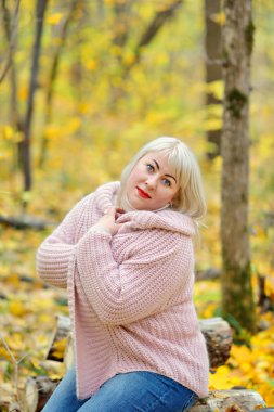 Ormanda güneşli bir sonbahar gününde kütükler üzerinde poz veren narin örme kazak içinde çekici bir orta yaşlı kadın portresi. Kolları göğsünün üzerinden geçti. Kadın boyu artı xxl. Dikey görünüm