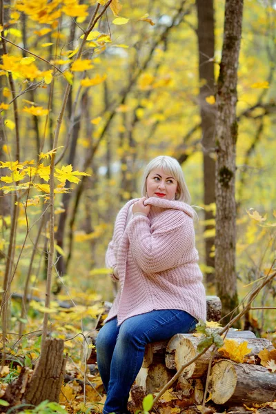 부드러운 니트 점퍼를 입은 달콤한 중년 금발이 통나무 숲에서 화창한 가을 날에 포즈를 취하고 있습니다. 꿈꾸는 옆을 찾고 있습니다. 여성의 크기 플러스 xxl. 수직 뷰 — 스톡 사진