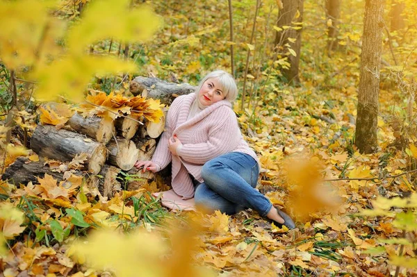 Чудова блондинка, оточена осіннім листям, сидить у ніжному джемпері в лісі, спираючись на колоди, усміхаючись вдумливо і дивлячись на рамку. Жіночий плюс розмір xxl. Горизонтальний вигляд — стокове фото