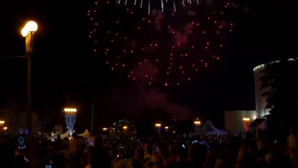 Uma multidão de pessoas assistindo fogos de artifício no céu noturno sobre a praça da cidade. Flashes multicoloridos em um fundo preto. Celebração na cidade. O conceito da celebração. 4K . — Vídeo de Stock