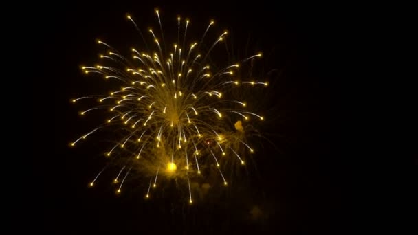 Vuurwerk aan de nachtelijke hemel. Helder gele flitsen in de lucht op een zwarte achtergrond. Stadsvakantie. Een close-up. Het concept van de viering. 4k. — Stockvideo