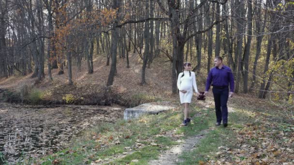 Roztomilá těhotná dívka procházející se s manželem v podzimním parku. Chodí, usmívají se, dívají se jeden na druhého a drží v rukou měkkou hračku. Dívka v bílých pletených šatech, chlap v modré košili. 4k — Stock video