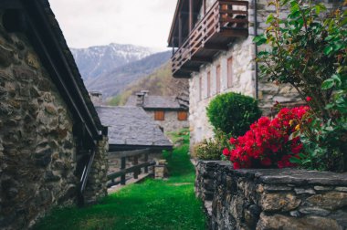 Dağ Vadisi eski köy sahne. Yeşil bitkiler ve çiçekler ve taş çok eski İtalyan ev sahipliği yapmaktadır. Sonbahar dağ köyü manzara.