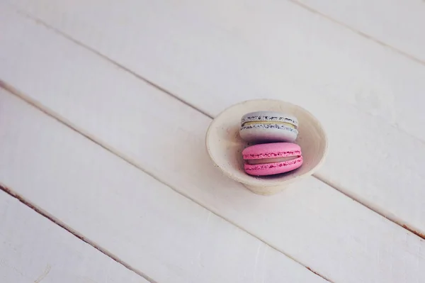 Colorful Macaroons White Wooden Background Place Text — Stock Photo, Image