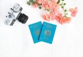 Kazachstán pas, fotoaparát, růžový popínavé rostliny na bílém pozadí. pohled shora