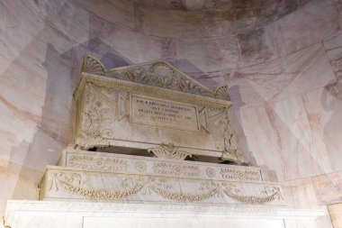 Monumental tomb Antonio Canova in the Canova Temple in Possagno, Italy.  featuring intricate marble carvings and classical design elements, symbolizing artistic legacy and remembrance
