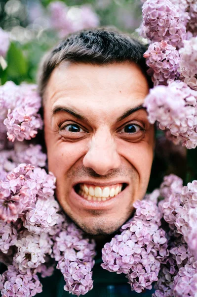 Güzel leylak çalıların genç adam portresi portre