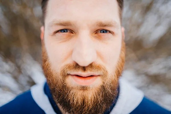 Winter Portrait Bearded Man Blurred Background — Stock Photo, Image