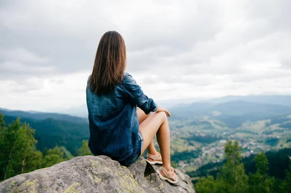 Vista Trasera Viajero Joven Solitario Con Hermosas Montañas Fondo — Foto de Stock