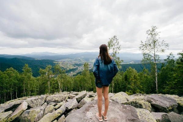 Vista Trasera Joven Viajero Solitario Mirando Hermosas Montañas — Foto de Stock