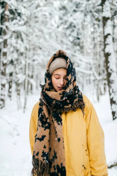 Retrato Mulher Bonita Com Cachecol Floresta Inverno — Fotografia de Stock