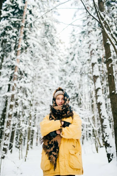 Portret Van Mooie Vrouw Met Sjaal Winter Forest — Stockfoto