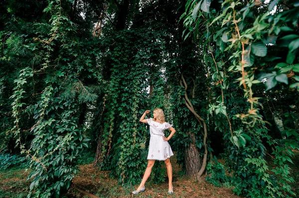 Bela Jovem Mulher Floresta Abeto Verde Dia Verão — Fotografia de Stock