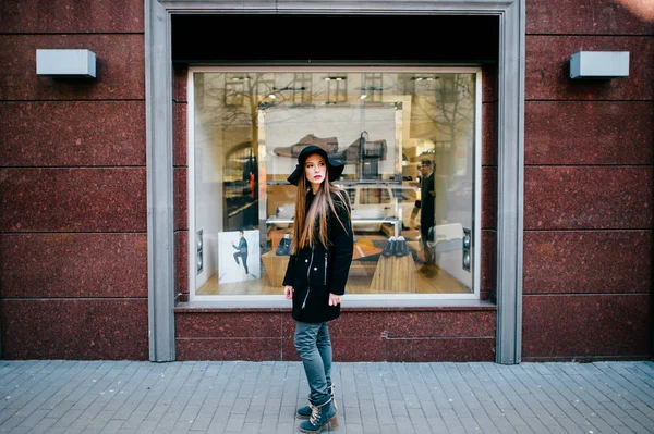 Stylish Young Woman Hat Standing Street — Stock Photo, Image