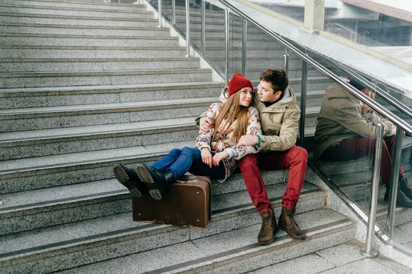 Pareja Romántica Amor Sentado Escaleras — Foto de Stock