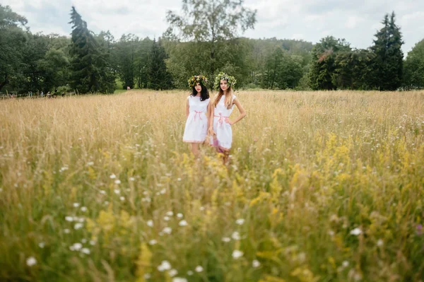 Mulheres Bonitas Jovens Roupas Étnicas Campo Verão — Fotografia de Stock