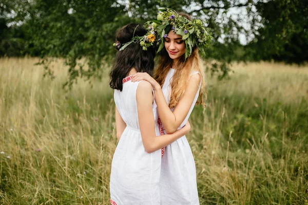 夏の畑で民族衣装の若い美しい女性 — ストック写真