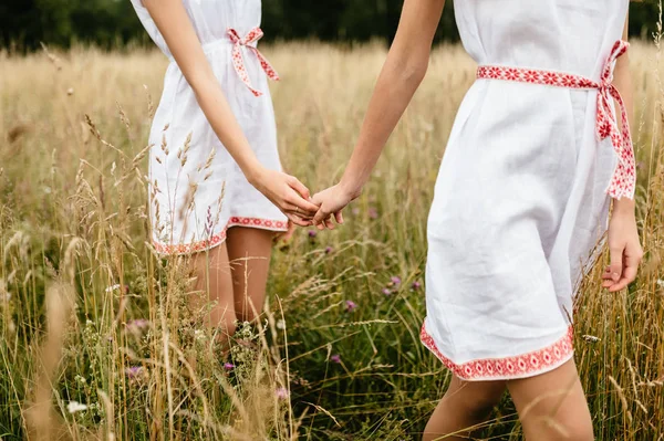 Gedeeltelijke Weergave Van Vrouwen Etnische Kleding Hand Hand Zomer Veld — Stockfoto